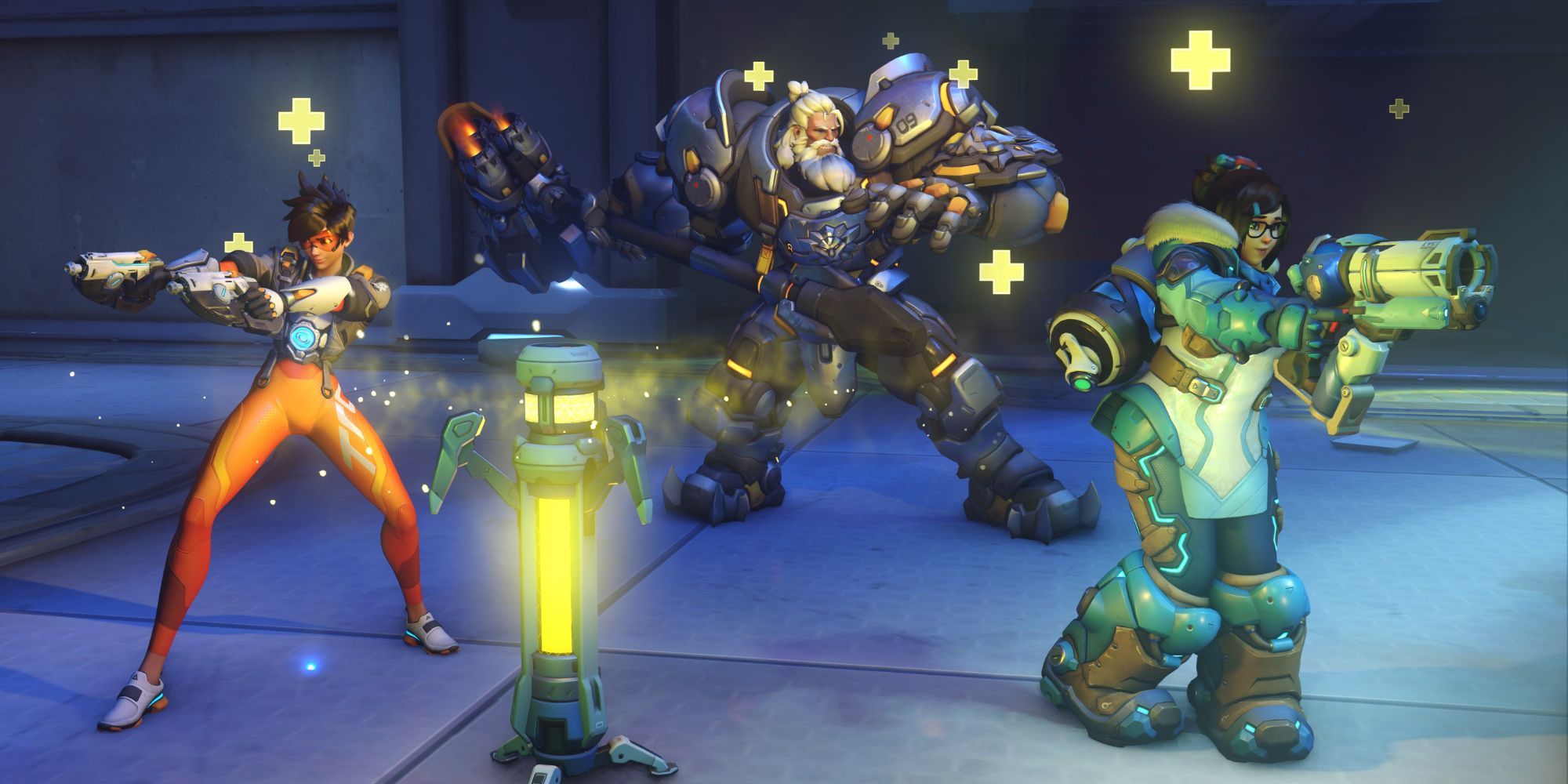 Overwatch 2's Tracer, Reinhardt, and Mei aiming their weapons while healing up