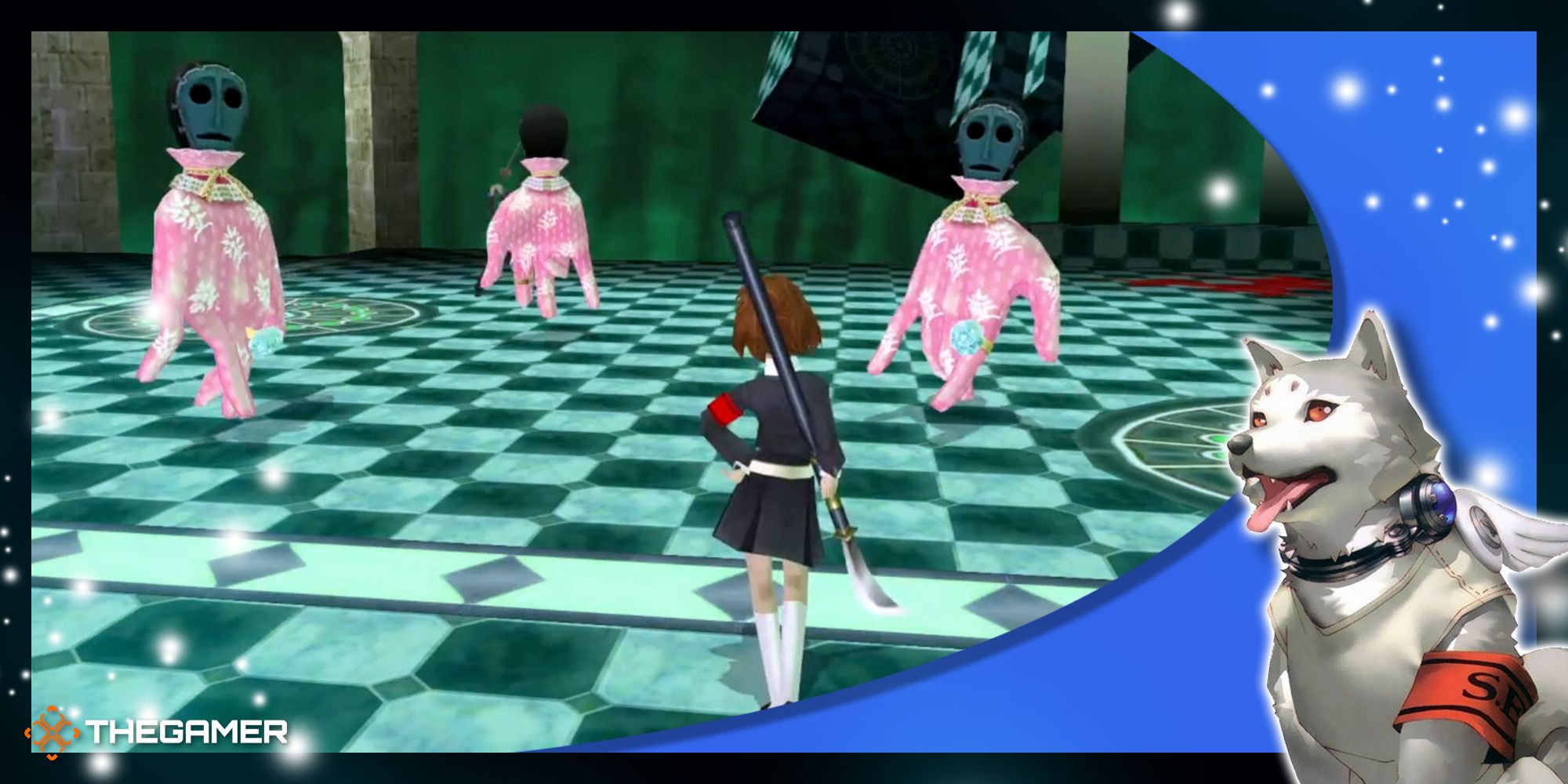 the female protagonist against three dancing hand shadows in persona 3 portable
