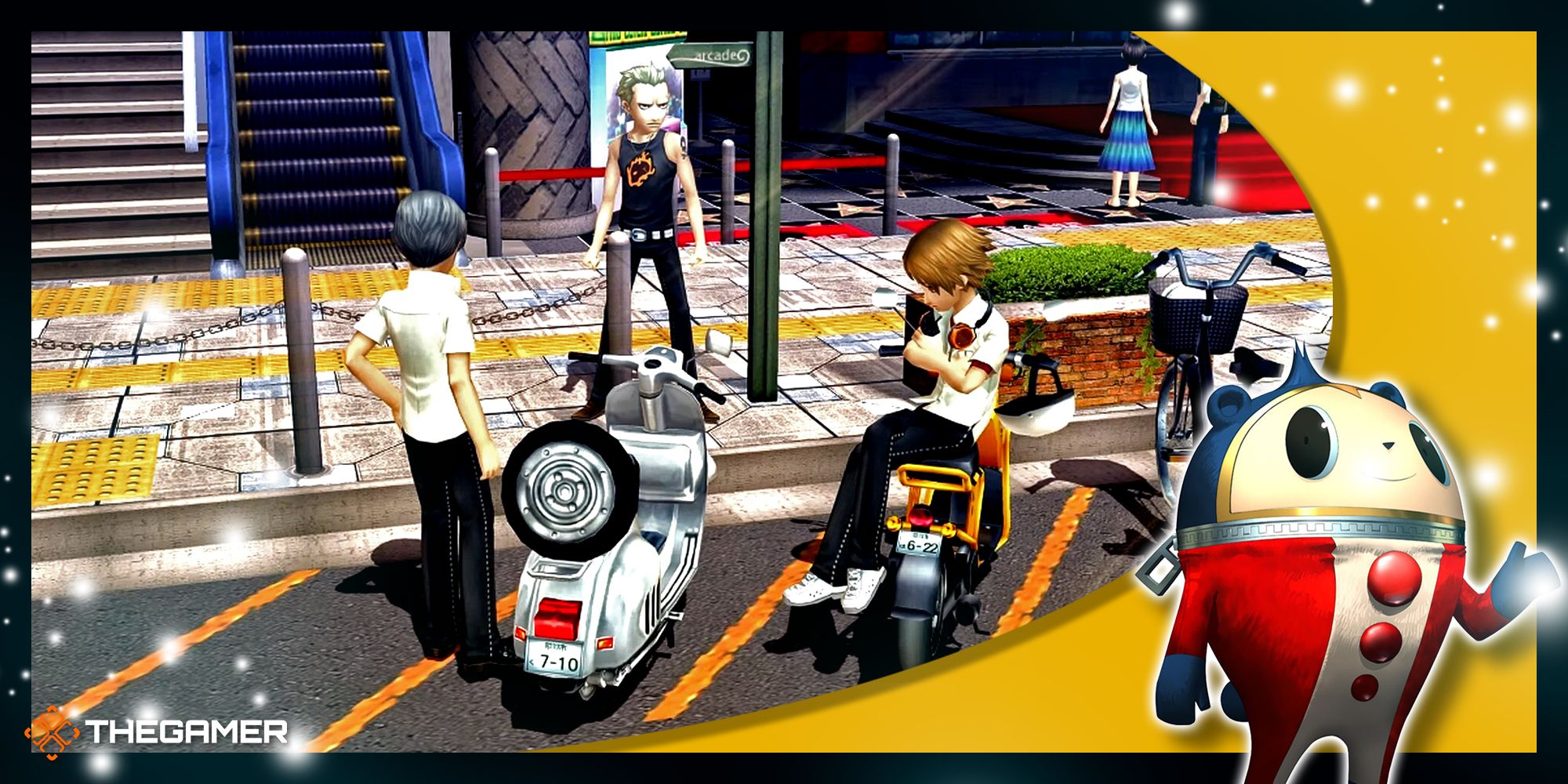 Persona 4 Golden - Yu, Kanji, and Yosuke on their scooters, with Teddie in the foreground.