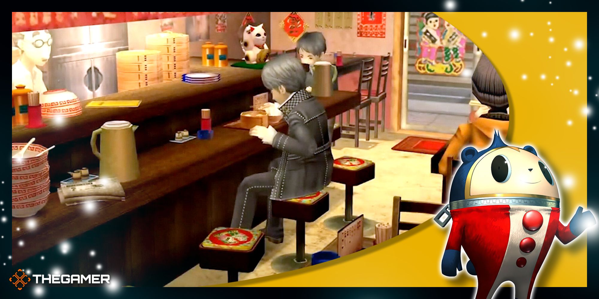 Persona 4 Golden - Yu eating Ramen in the cafe with a Teddie overlay in the corner.