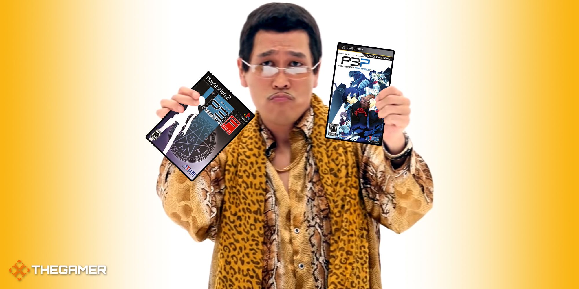 PPAP guy holding Persona 3 Portable and Persona 3 FES.
