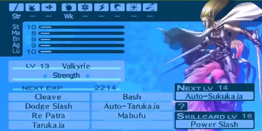 Valkyrie de nivel 13 nacida de una fusión con diferentes habilidades, incluida Tarukaja en Persona 3 Portable