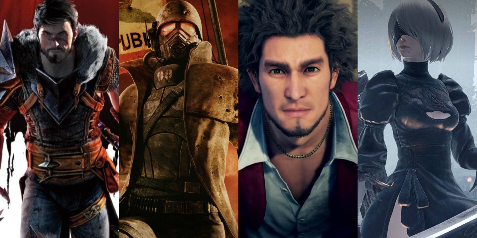 A collage of characters from various titles. On the far left is Hawke from Dragon Age 2. Right beside it is a NCR Soldier from Fallout: New Vegas. Next to that is Ichiban from Yakuza: Like A Dragon. On the far right is 2B from Nier: Automata.