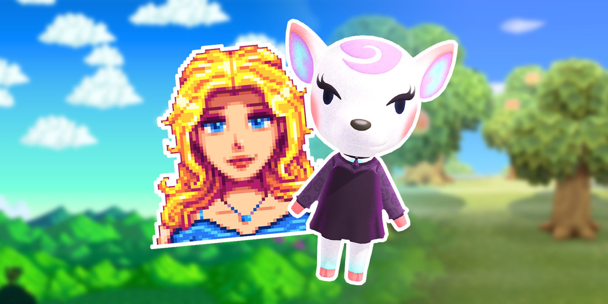Haley from Stardew Valley and Diana from Animal Crossing on background of Stardew Valley landscape and the New Horizons island.