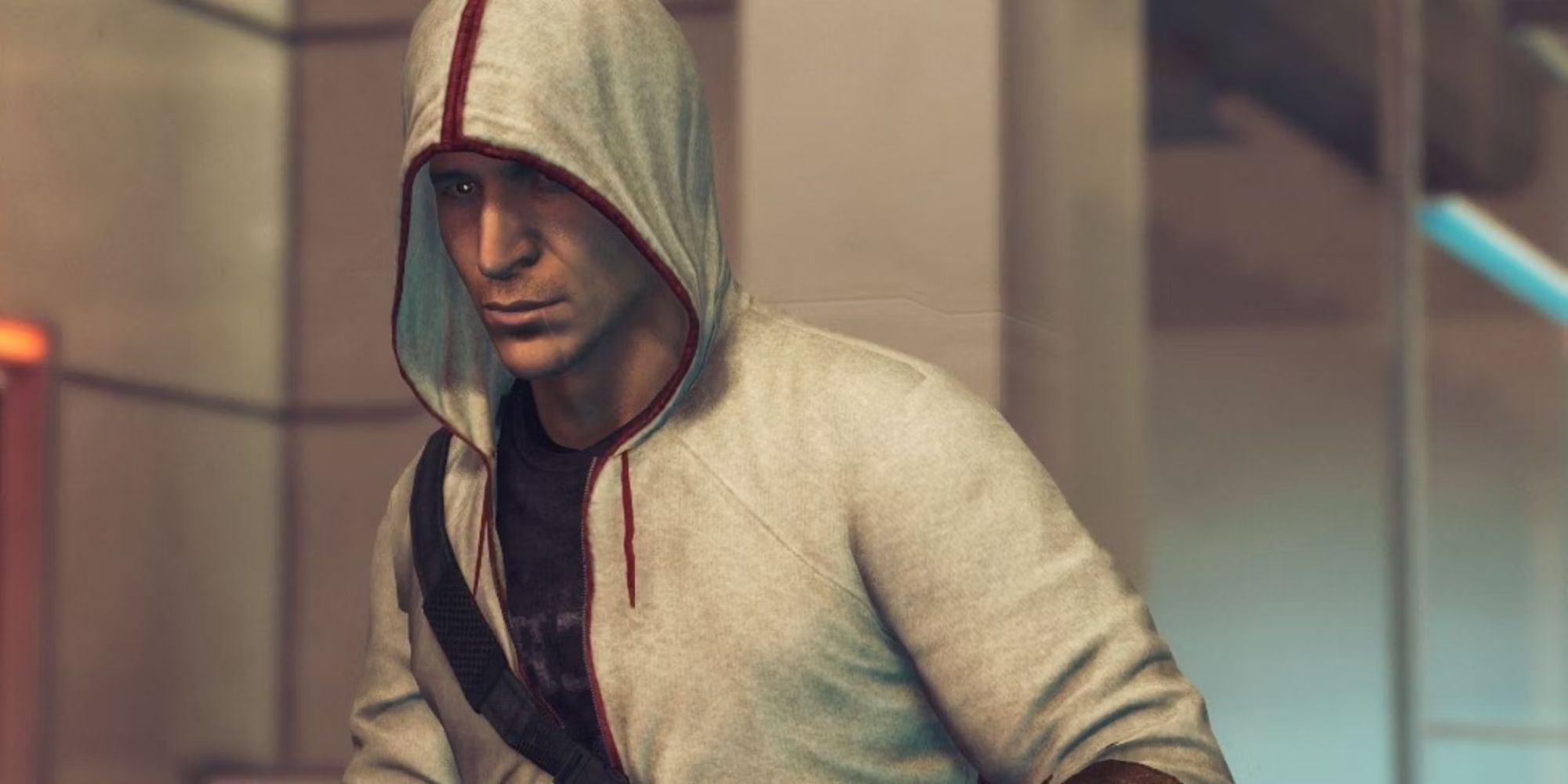 Desmond Miles from Assassin's Creed with his hoodie hood up