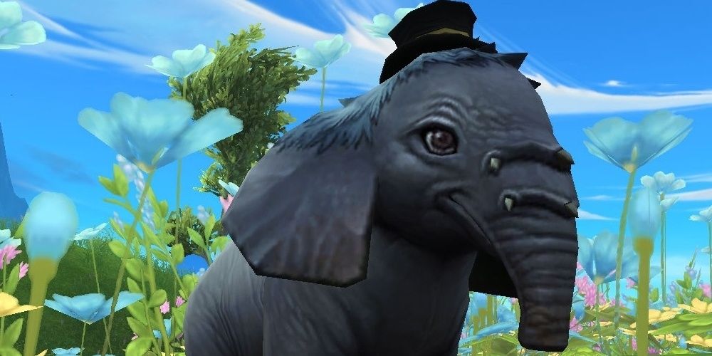 A baby mammoth in a top hat in the game World of Warcraft