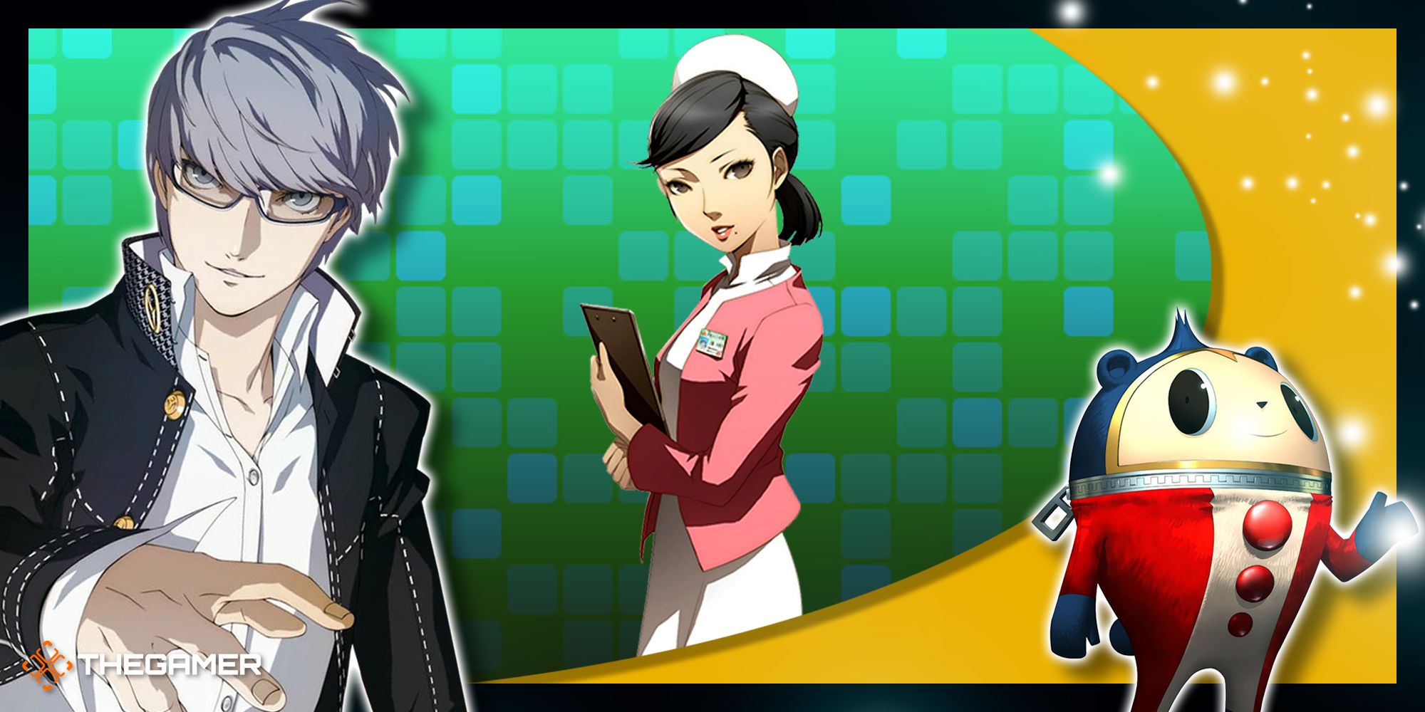 Persona 4 Golden - A collage of Yu, Sayoko, and Teddie.