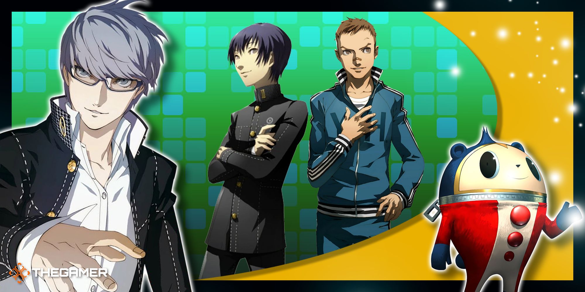 Persona 4 Golden - A collage of Yu, Daisuke, Kou, and Teddie.