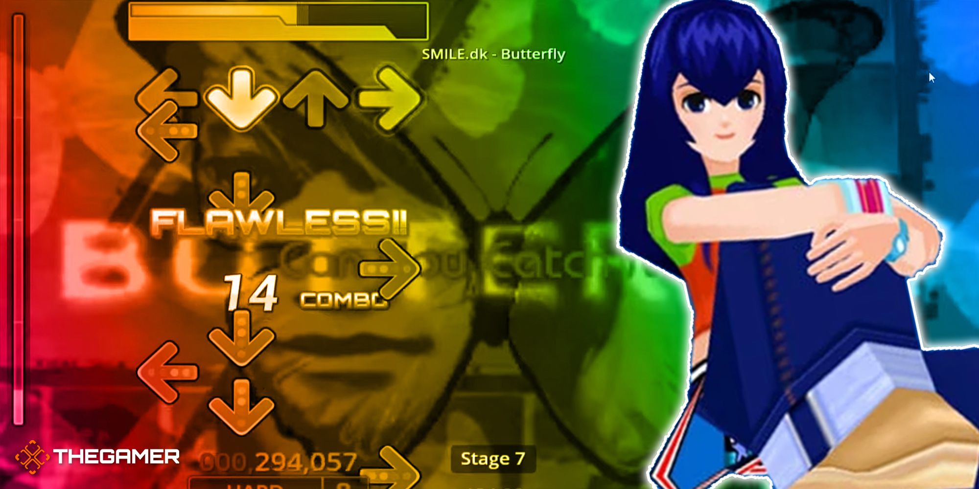 Alice, from Dance Dance Revolution, sits in front of a colorful background featuring gameplay of the song, Butterfly, by Smile.dk.
