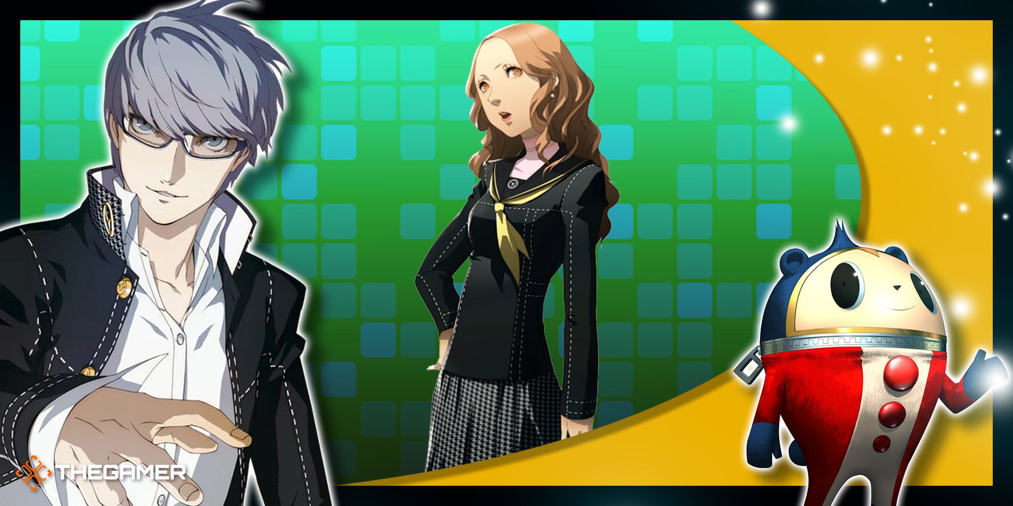 Persona 4 Golden - A collage of Yu, Ai, and Teddie.
