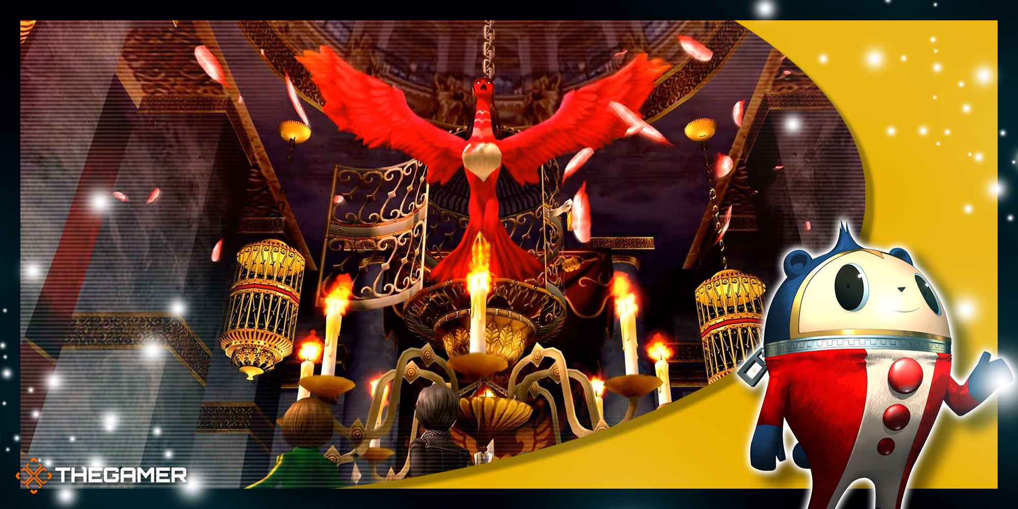 yukiko's shadow emerging from her chandelier cage to begin the shadow yukiko fight in persona 4 golden