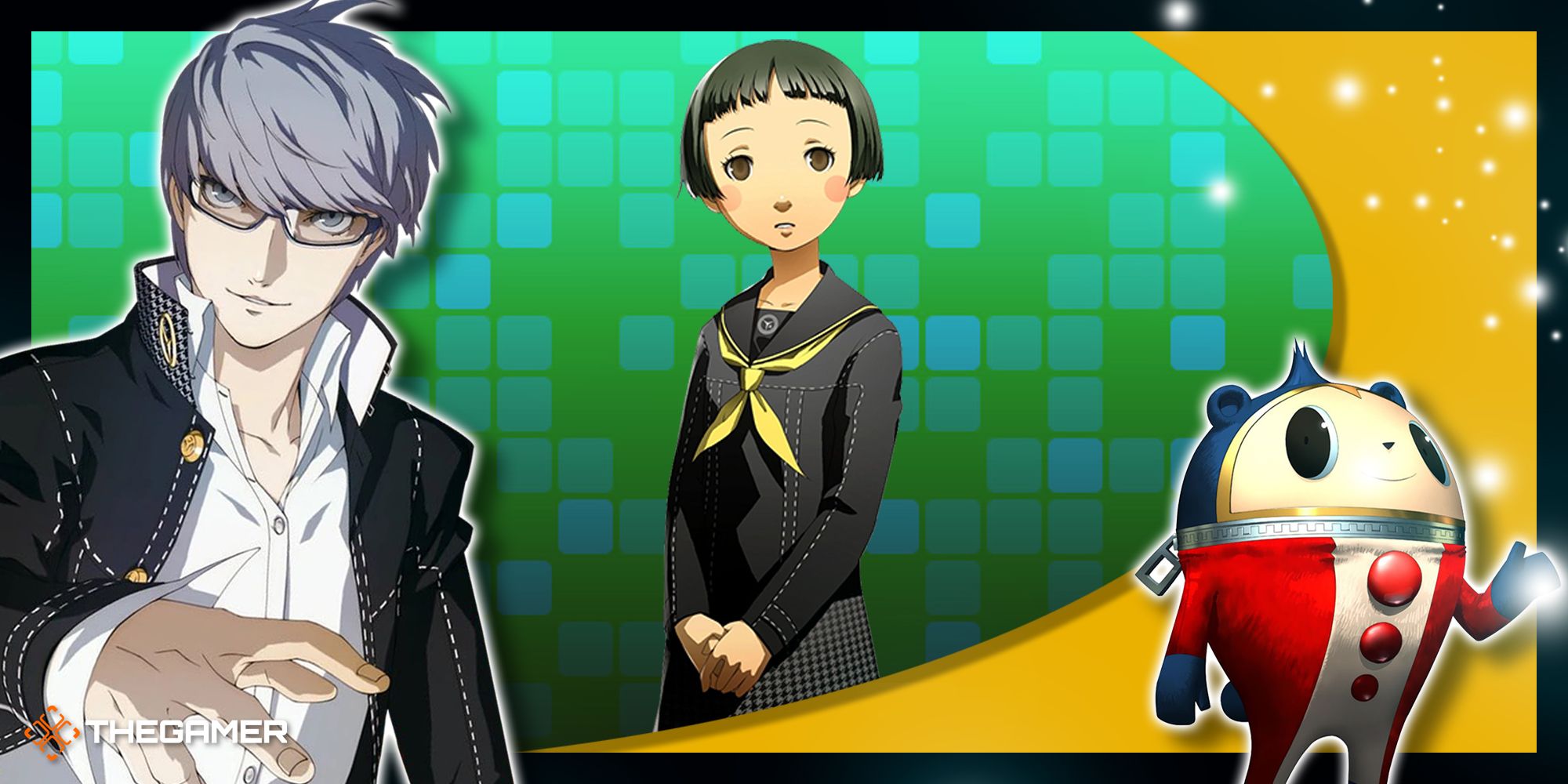 Persona 4 Golden - A collage of Ayane, Yu, and Teddie. 