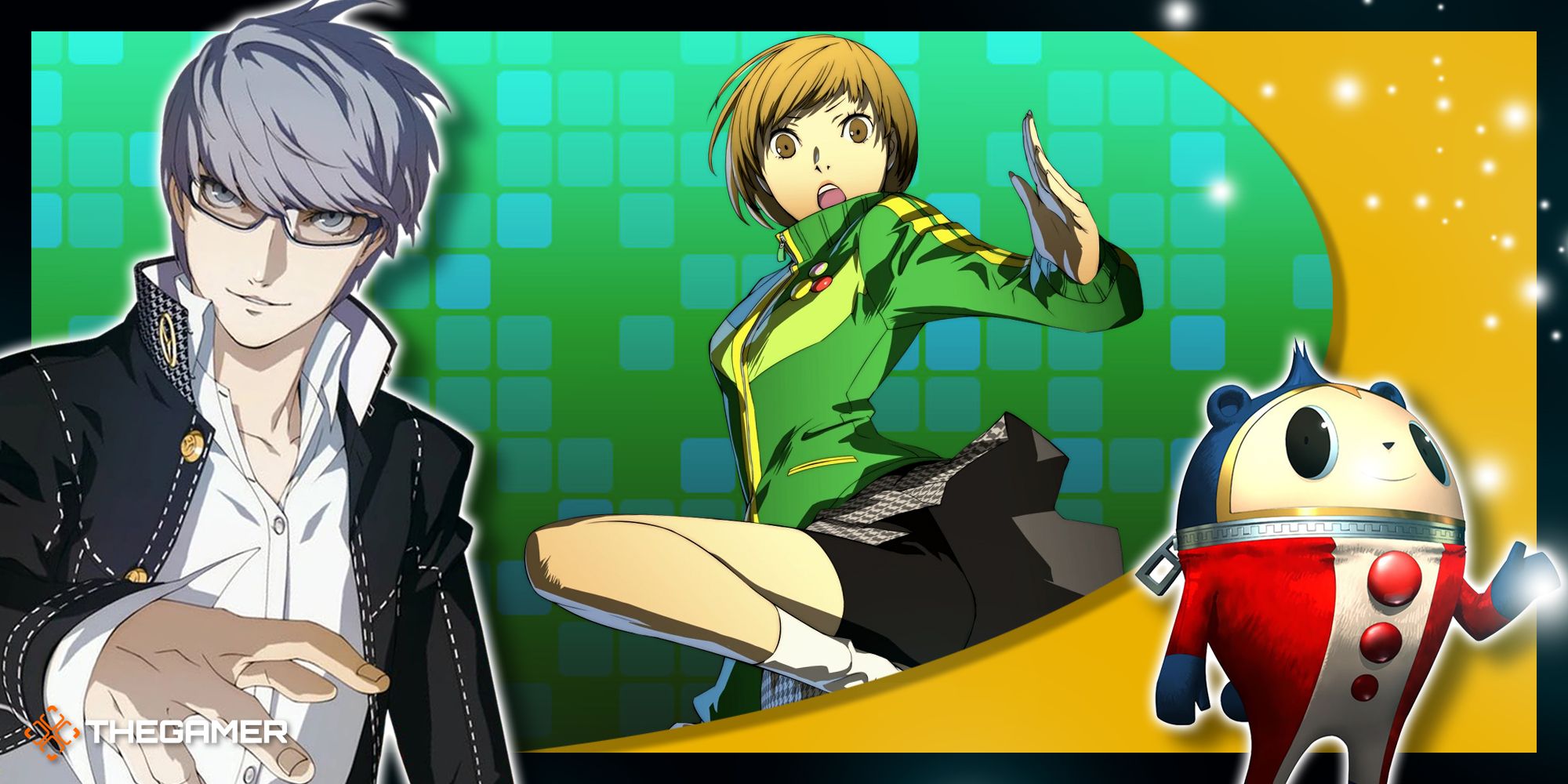 Persona 4 Golden - A collage of Yu, Chie, and Teddie.