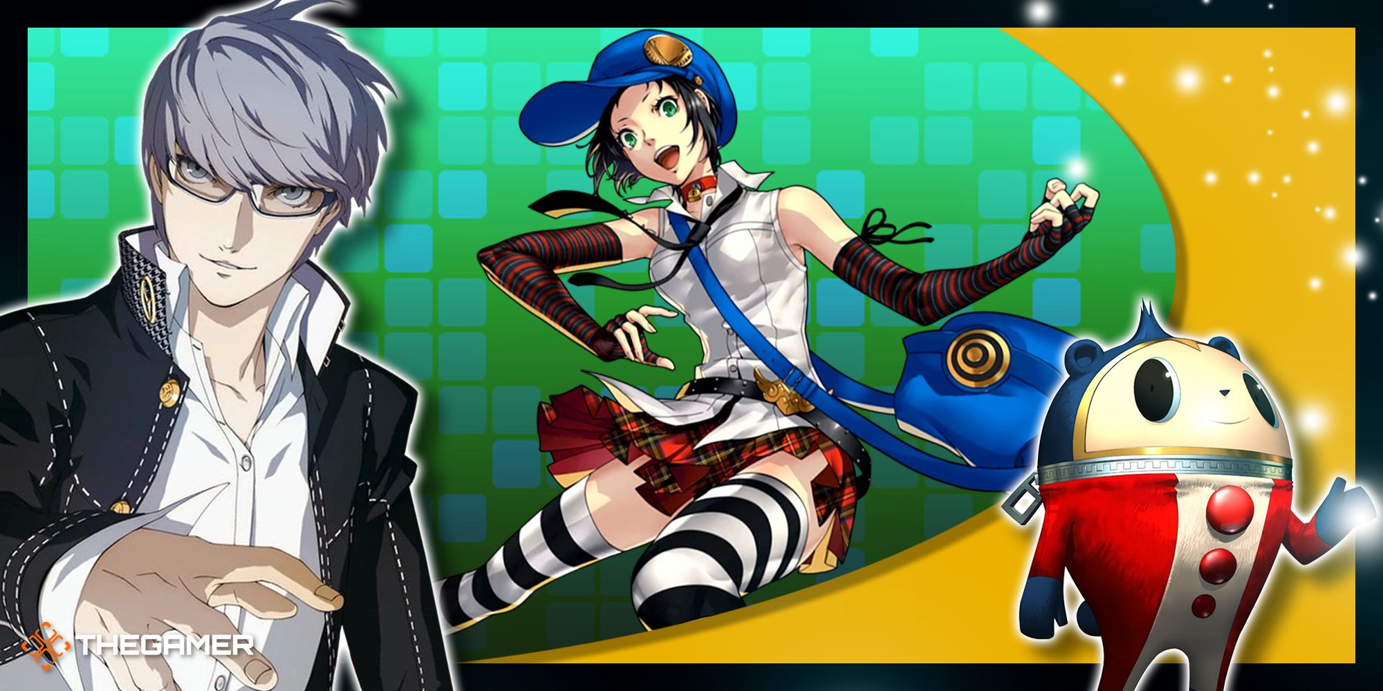 Persona 4 Golden. A collage of Yu, Marie, and Teddie.