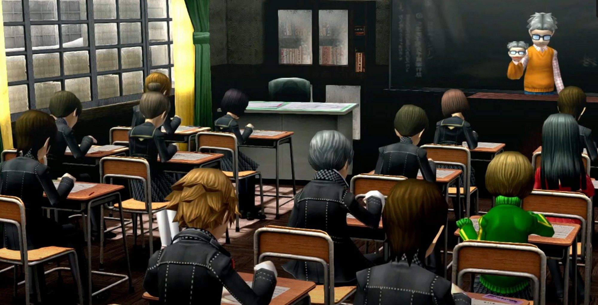 Yosuke, Yu, Chie, and Yukiko taking their final exams in February at school