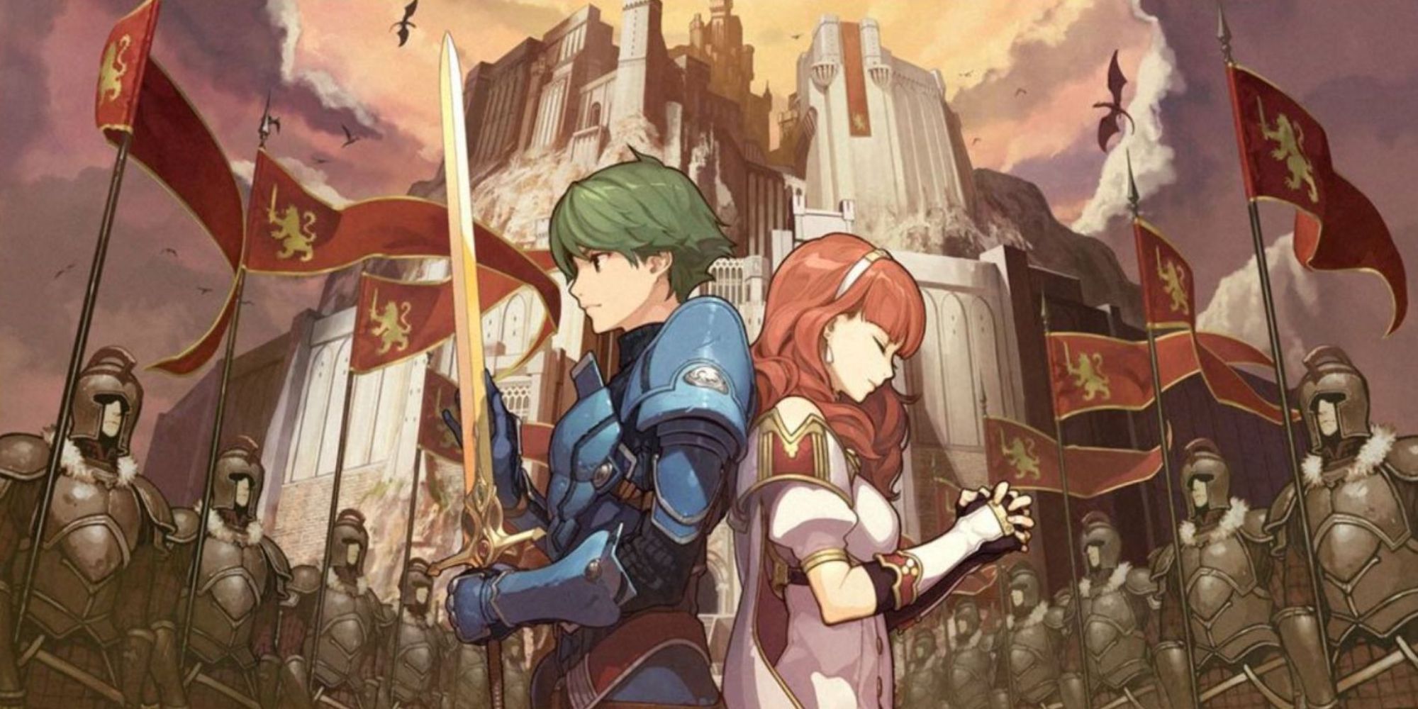 Alm and Celica stand back to back in the key art for Fire Emblem Echoes