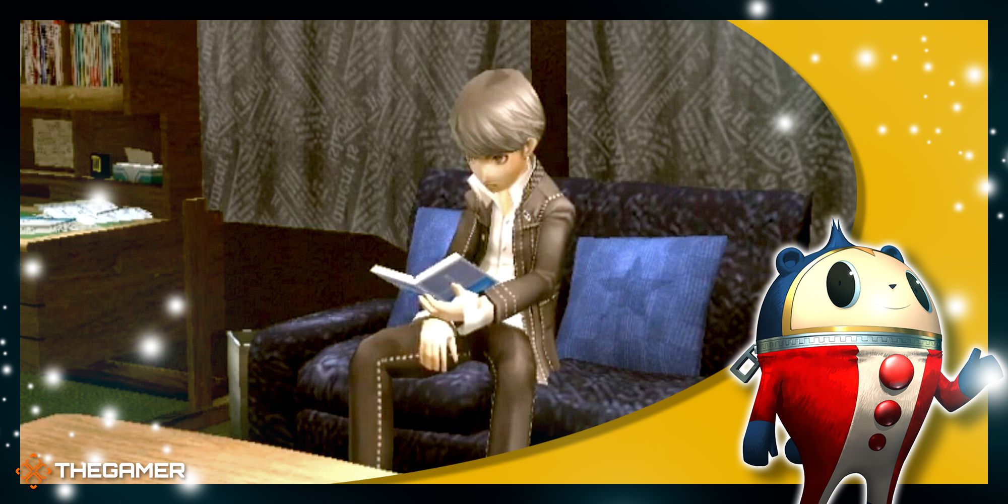 Yu on the couch in his room reading a book in Persona 4 Golden