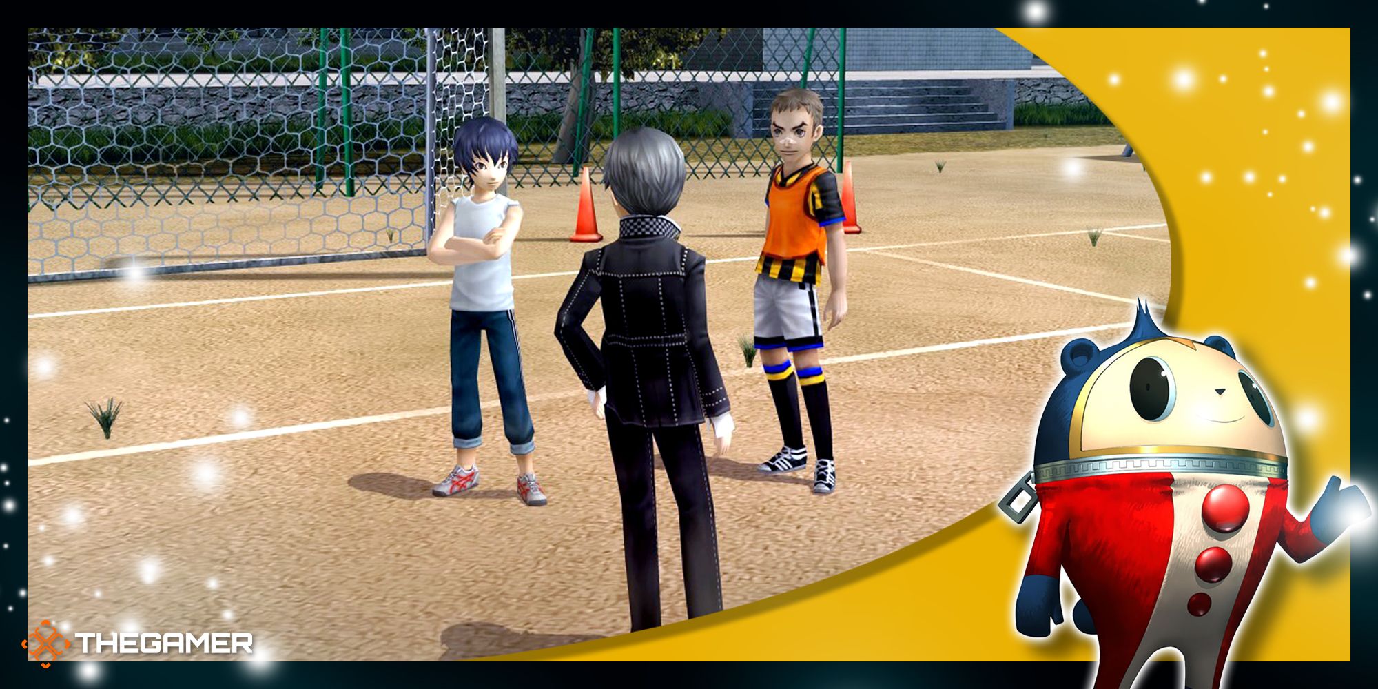 Persona 4 Golden - Yu and two other pupils on a football pitch with a Teddie overlay in the corner.