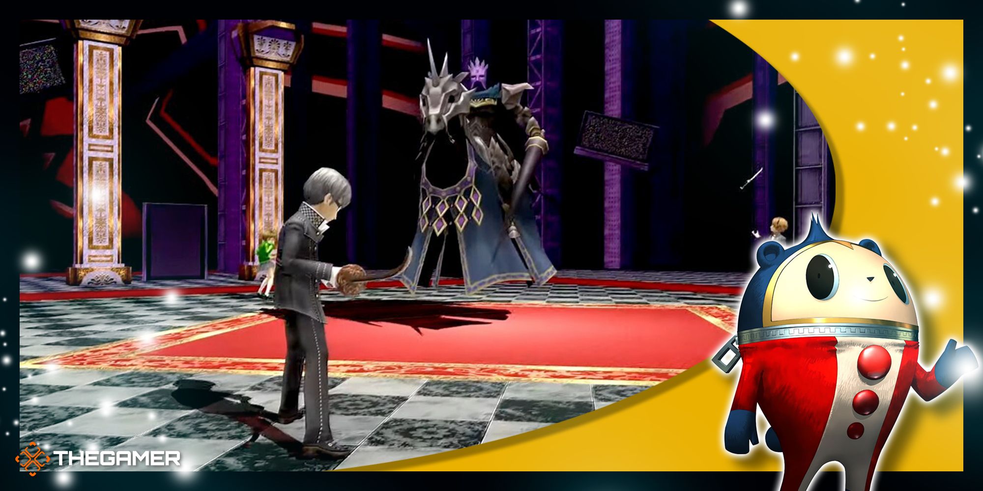 Persona 4 Golden - Yu in battle against Avenger Knight with a Teddie overlay in the corner.