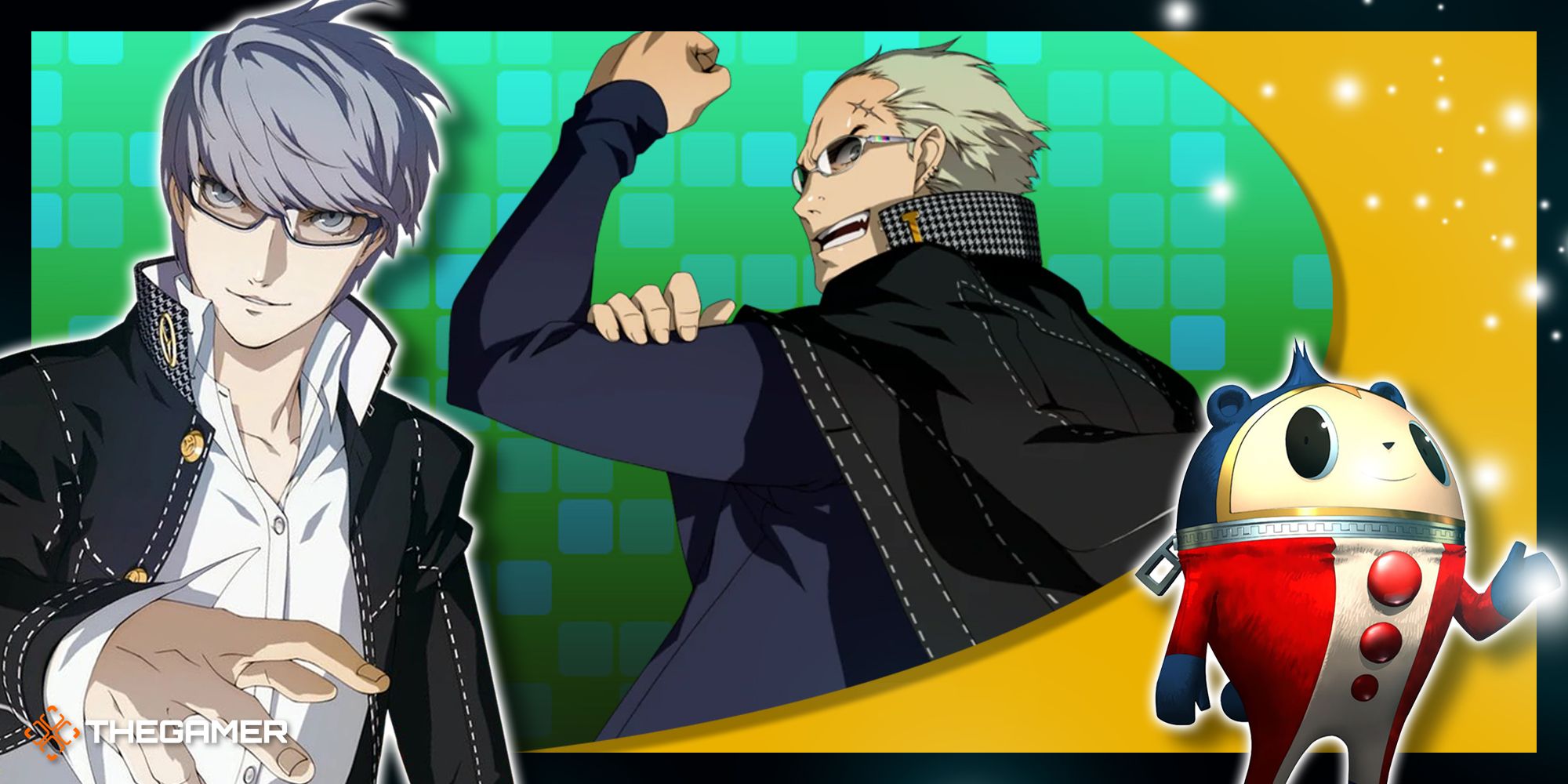 Persona 4 Golden - A collage of Yu, Kanji Tatsumi, and Teddie.