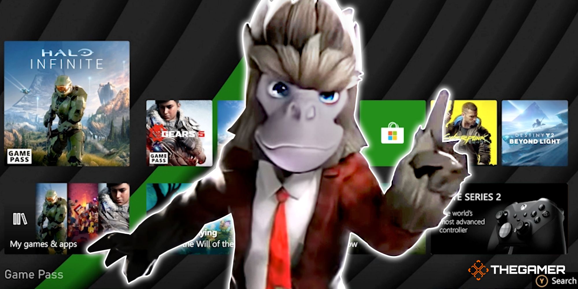 Screens of Xbox dashboard and gorilla avatar.