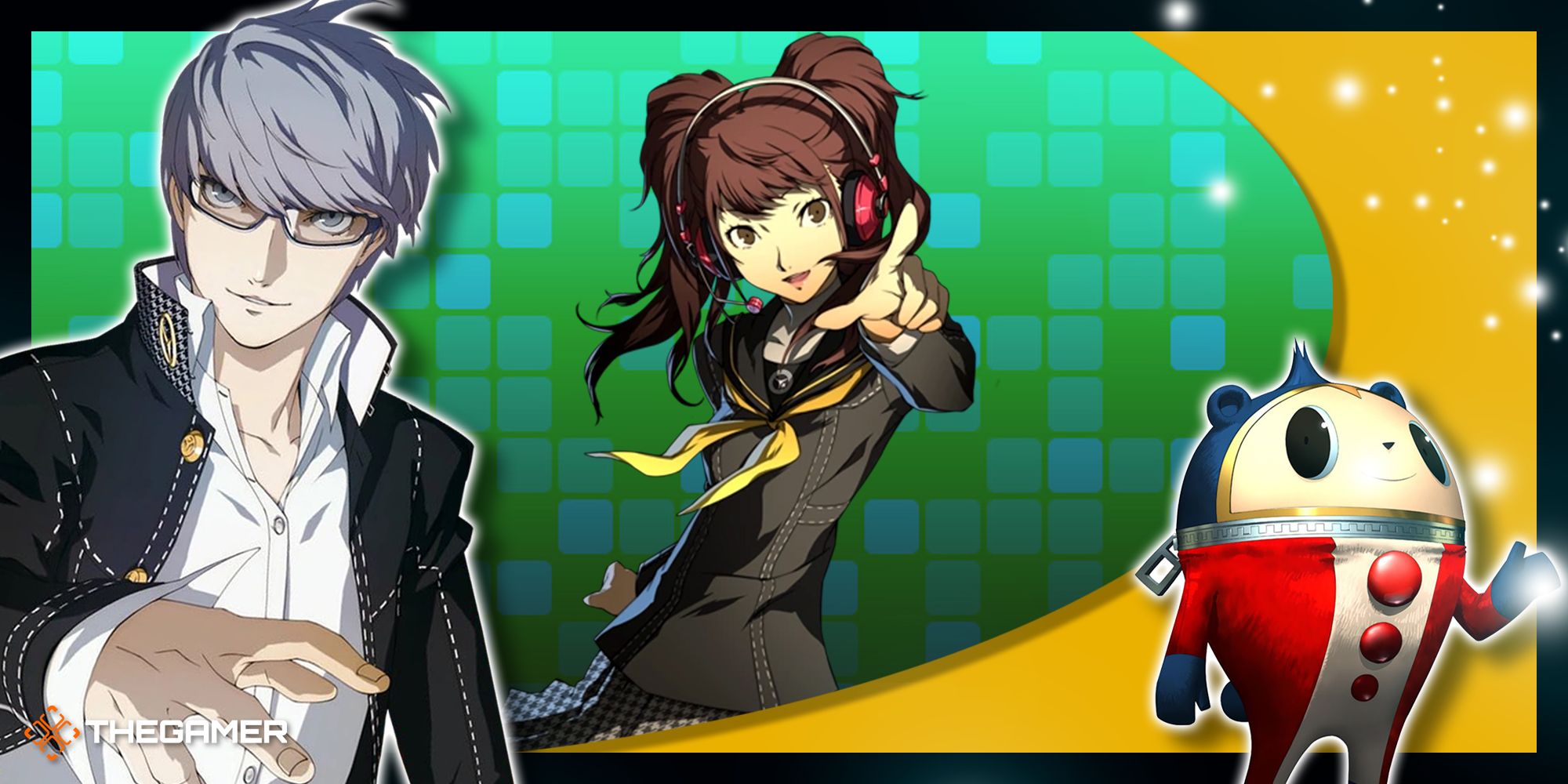 Persona 4 Golden. A collage of Yu, Rise, and Teddie.