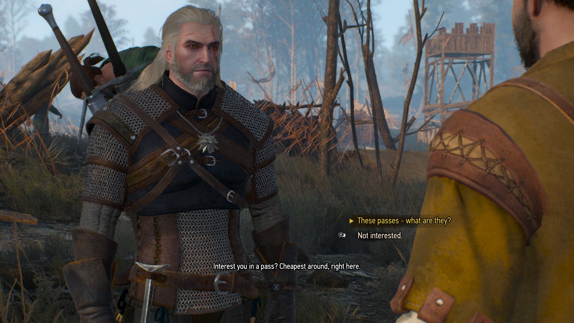 A screenshot of Geralt speaking to a merchant in the middle of Velen
