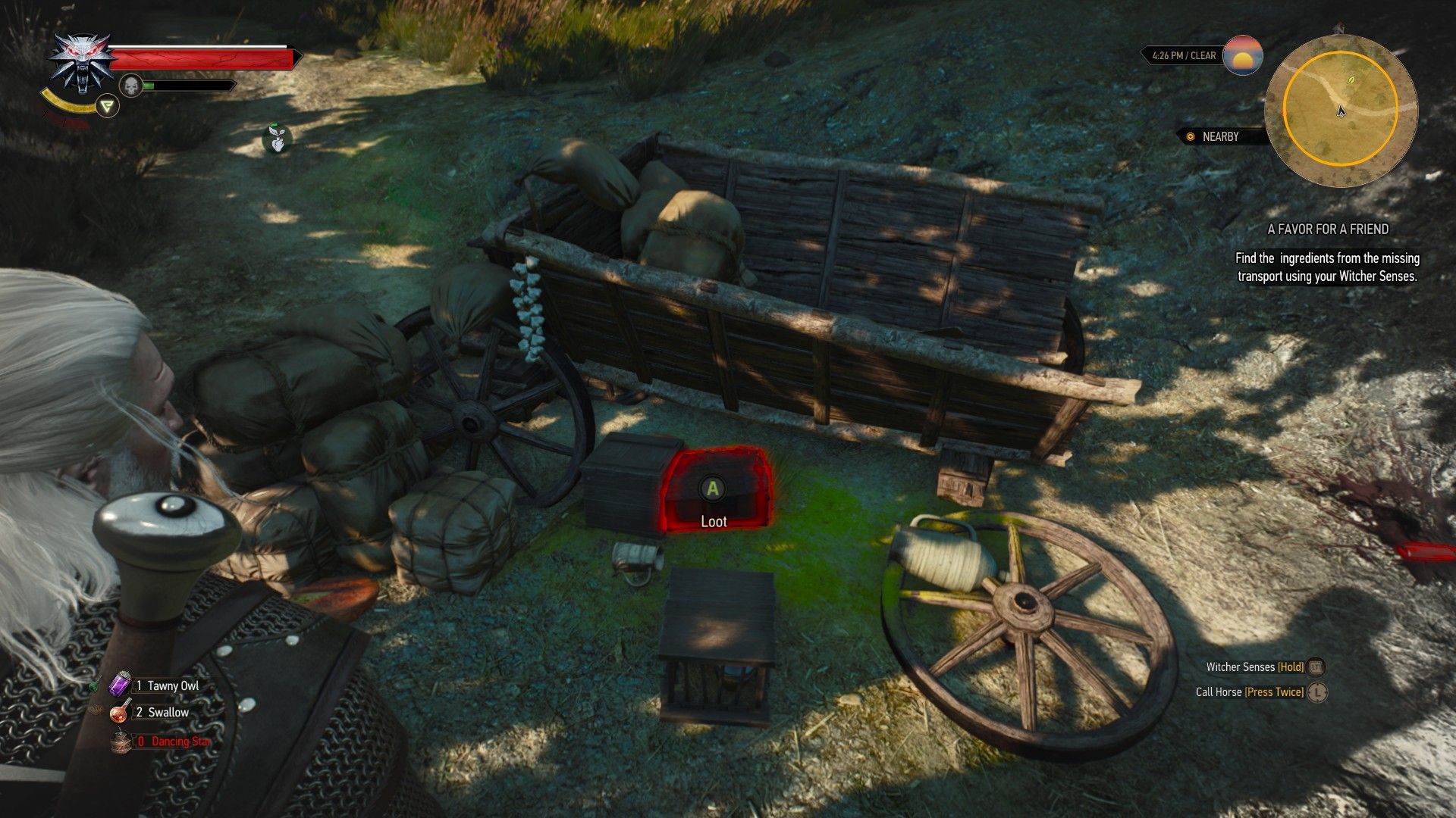 A screenshot of the game showing Geralt looking down at a locked box under a cart in The Witcher 3,