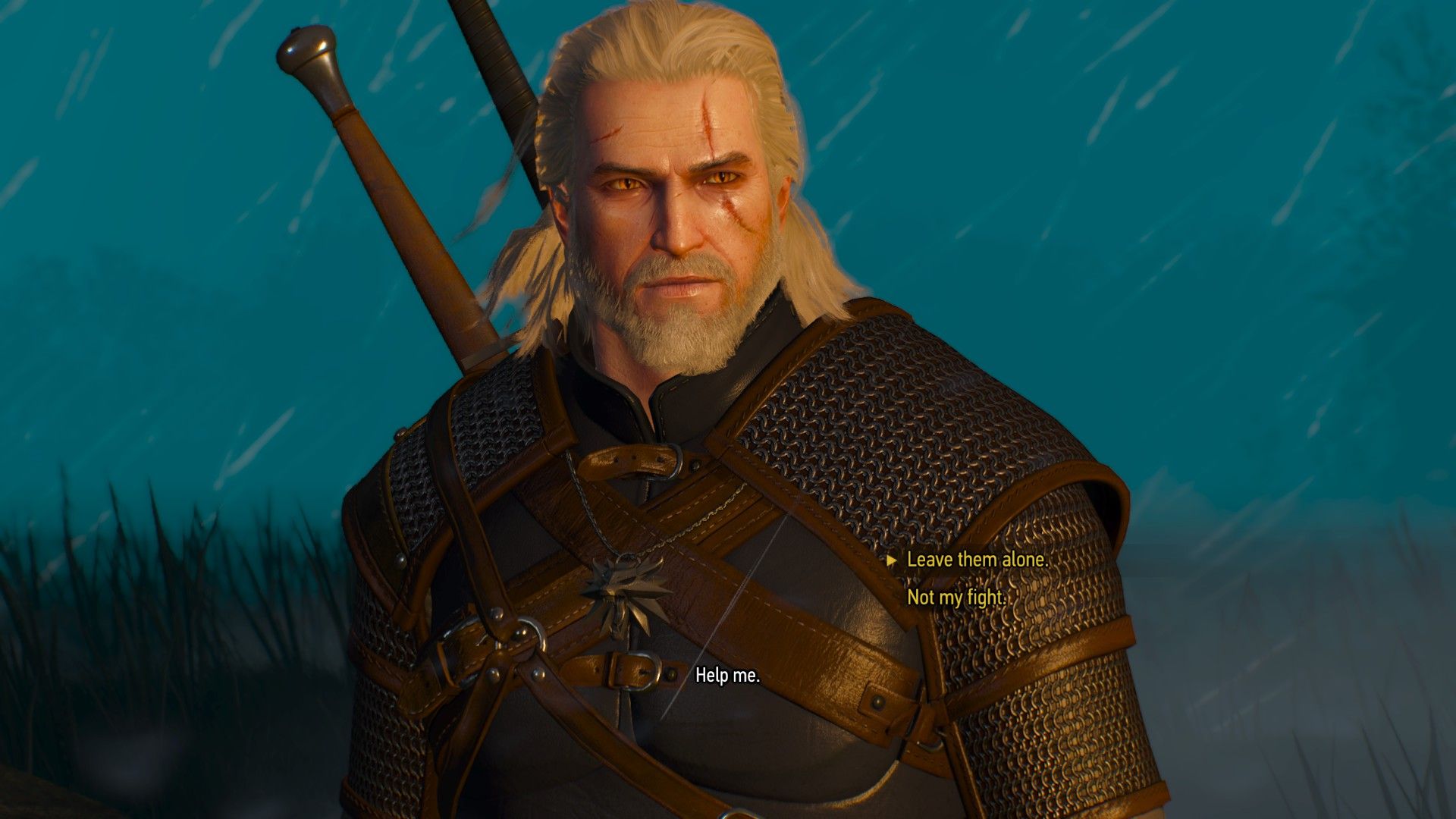 A screenshot of Geralt&rsquo;s two choices when dealing with a complex situation in the Witcher 3.