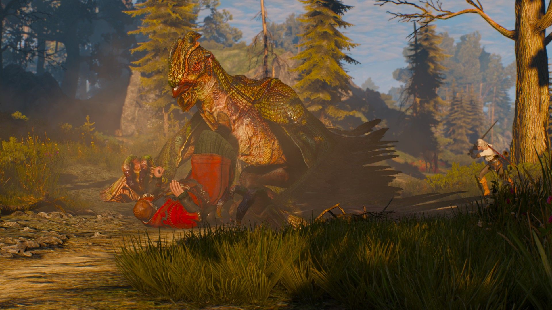 A basilisk lunges at the Bloody Baron while Ciri sprints over in an attempt to stop it.