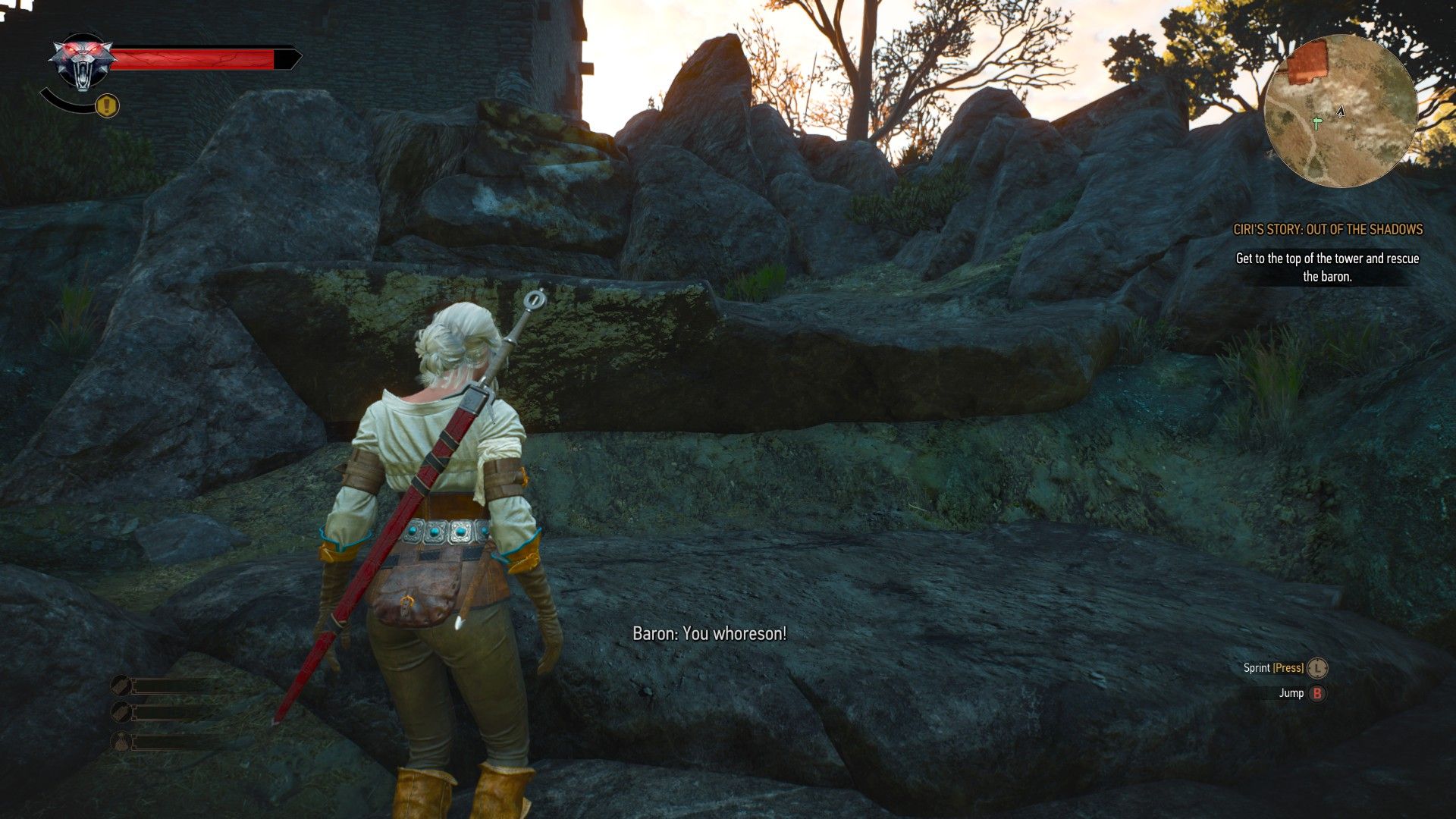 A screenshot of the game, showing a ledge that Ciri can grab on to.