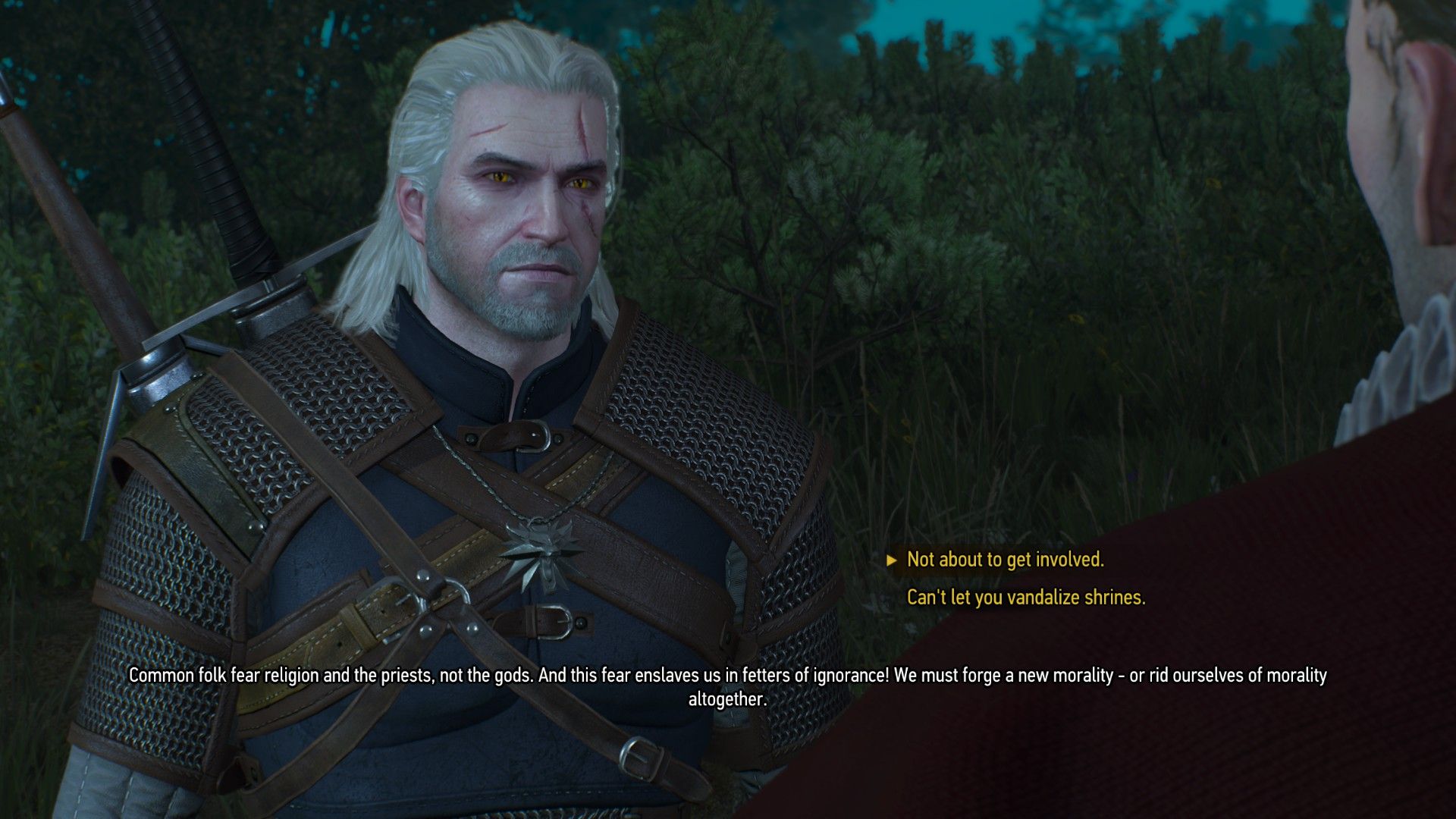 A screenshot of the two dialogue options that players can choose in Defender of the Faith.