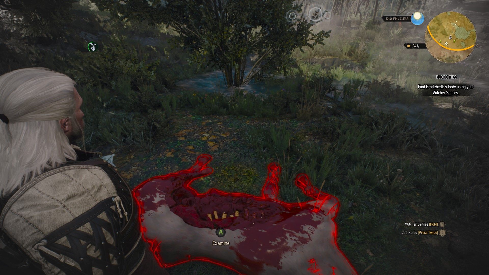 A screenshot of Geralt&rsquo;s Witcher Senses highlighting a slaughtered horse in Velen.