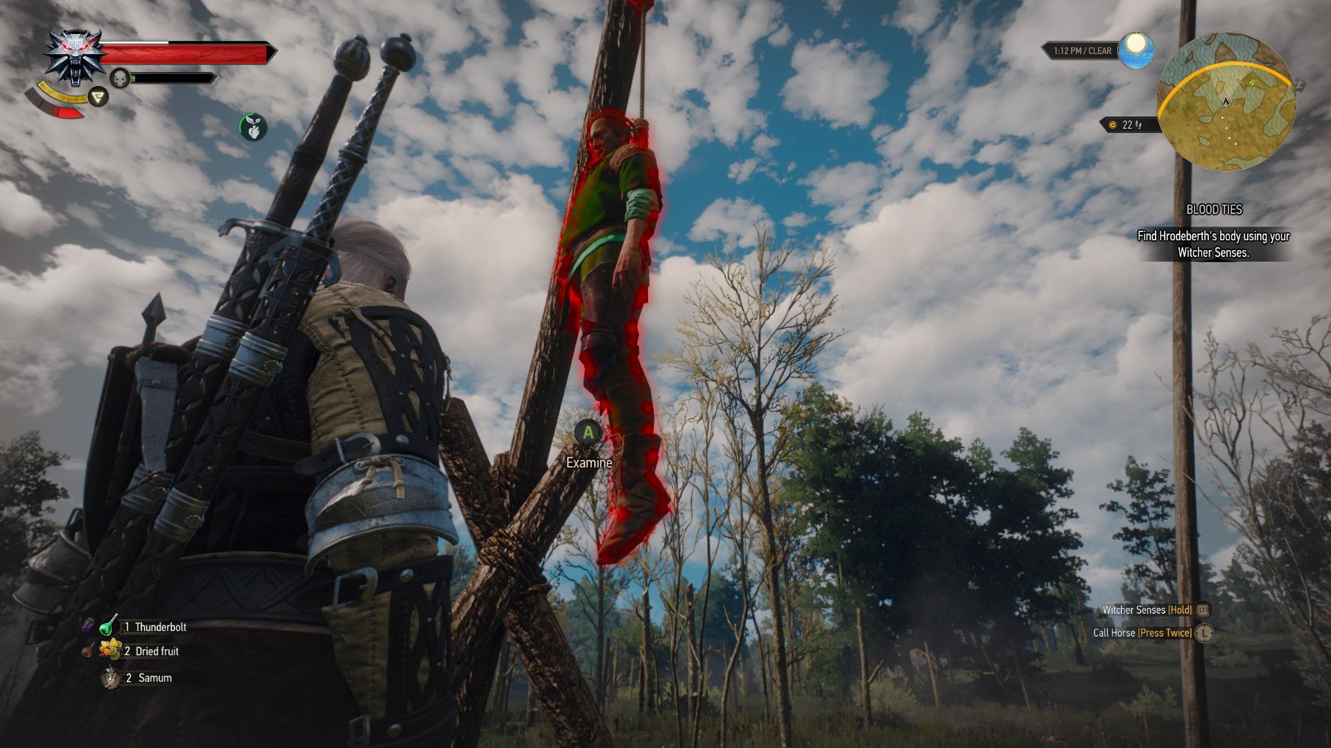Geralt&rsquo;s witcher senses highlight a dead man in red, hanging from a post.