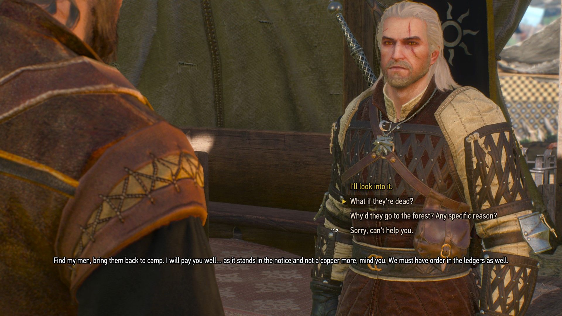 A screenshot of Geralt talking to a Nilfgaardian quartermaster, with the dialogue options visible.