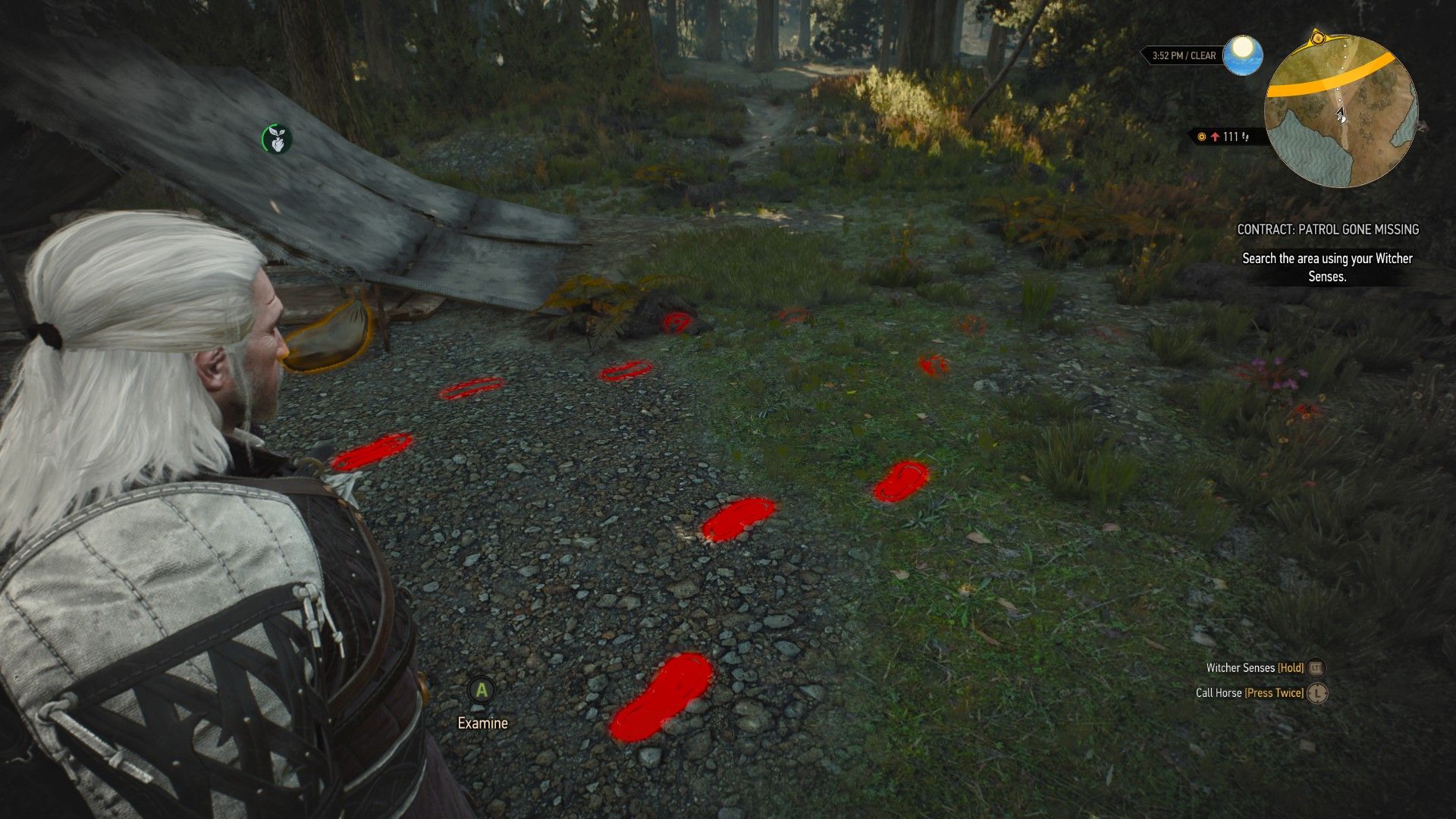 A screenshot of Geralt's warlock senses highlighting a trail of footsteps leading away from a Nilfgaardian encampment