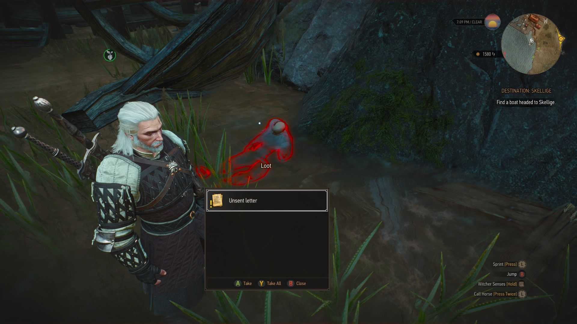 A screenshot of a body highlighted with Geralt&rsquo;s Witcher Senses and the loot he carries in The Witcher 3.