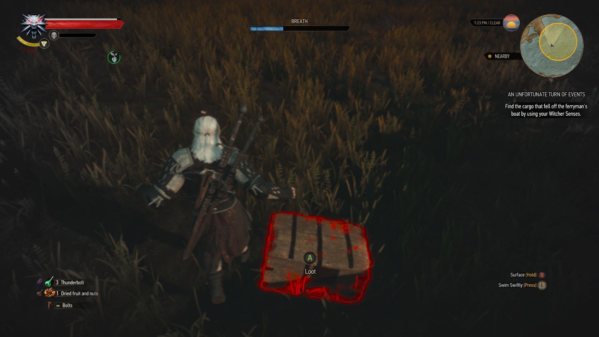 A screenshot of Geralt floating next to a sunken treasure chest in The Witcher 3.