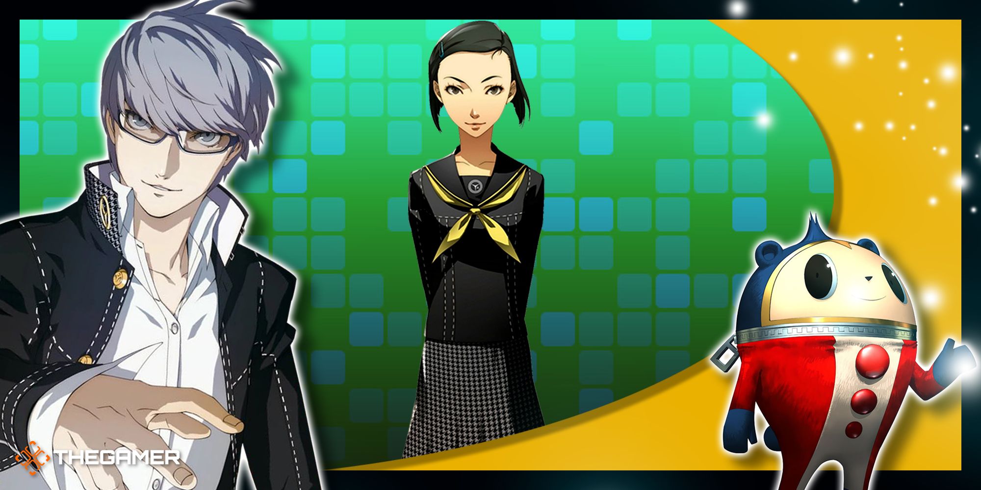 Persona 4 Golden- A collage of Yu, Yumi, and Teddie.