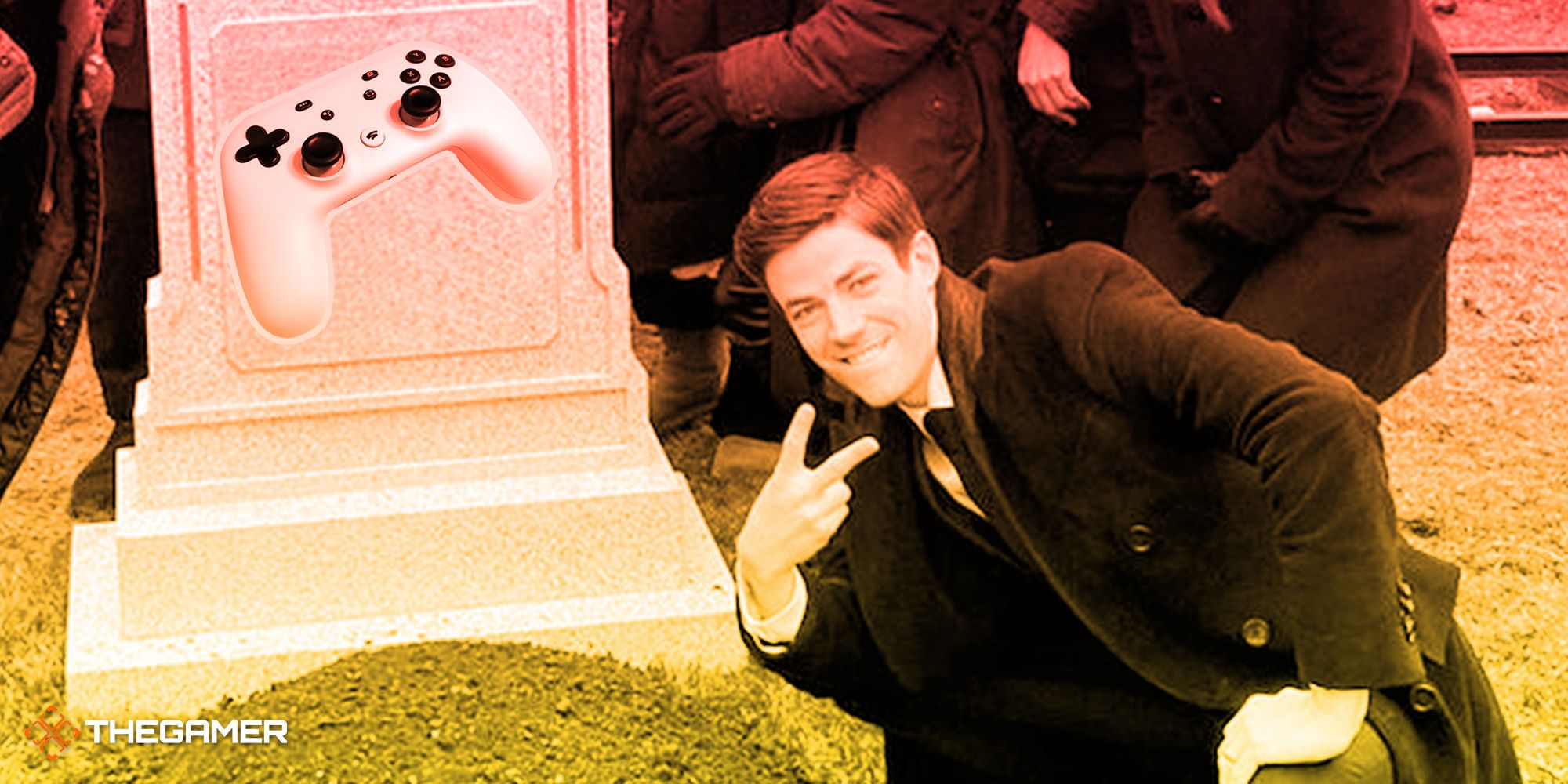 An image showing Google Stadia on a gravestone harking to the pay respects gamer meme