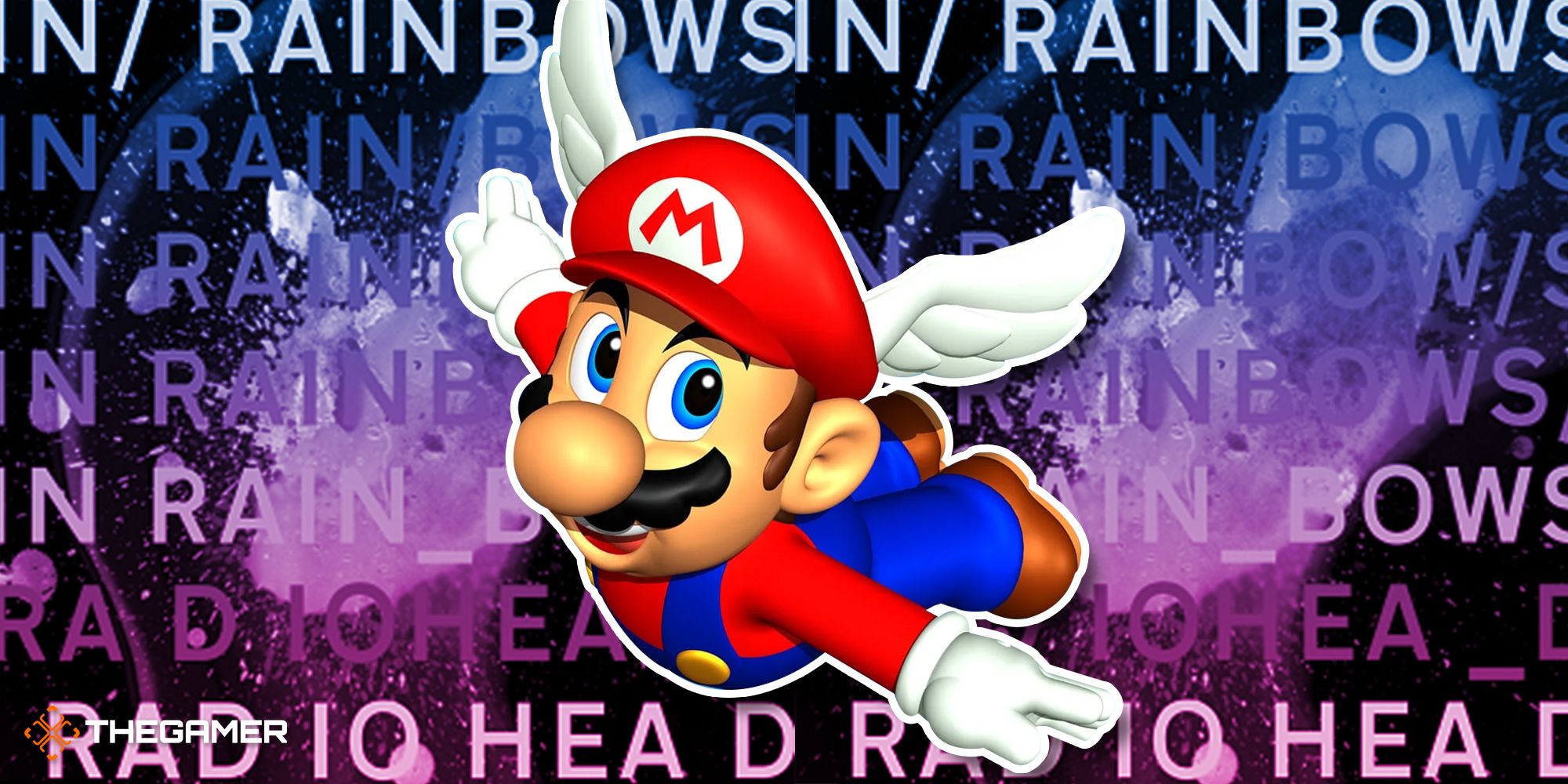 An image showing flying Mario from Mario 64 over Radiohead's In Rainbows album cover