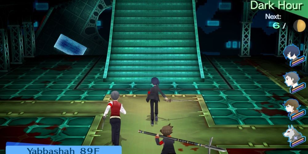 El MC masculino, Akihiko, Ken y Koromaru se acercan a las escaleras en el piso 89 del bloque Yabbashah de Tartarus en Persona 3 Portable