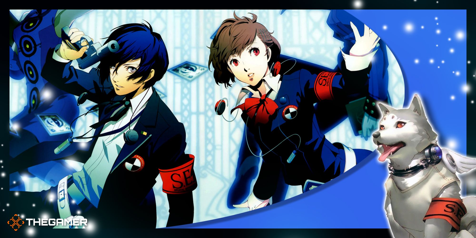 the male and female protagonists from persona 3 portable against a blue stripe backdrop