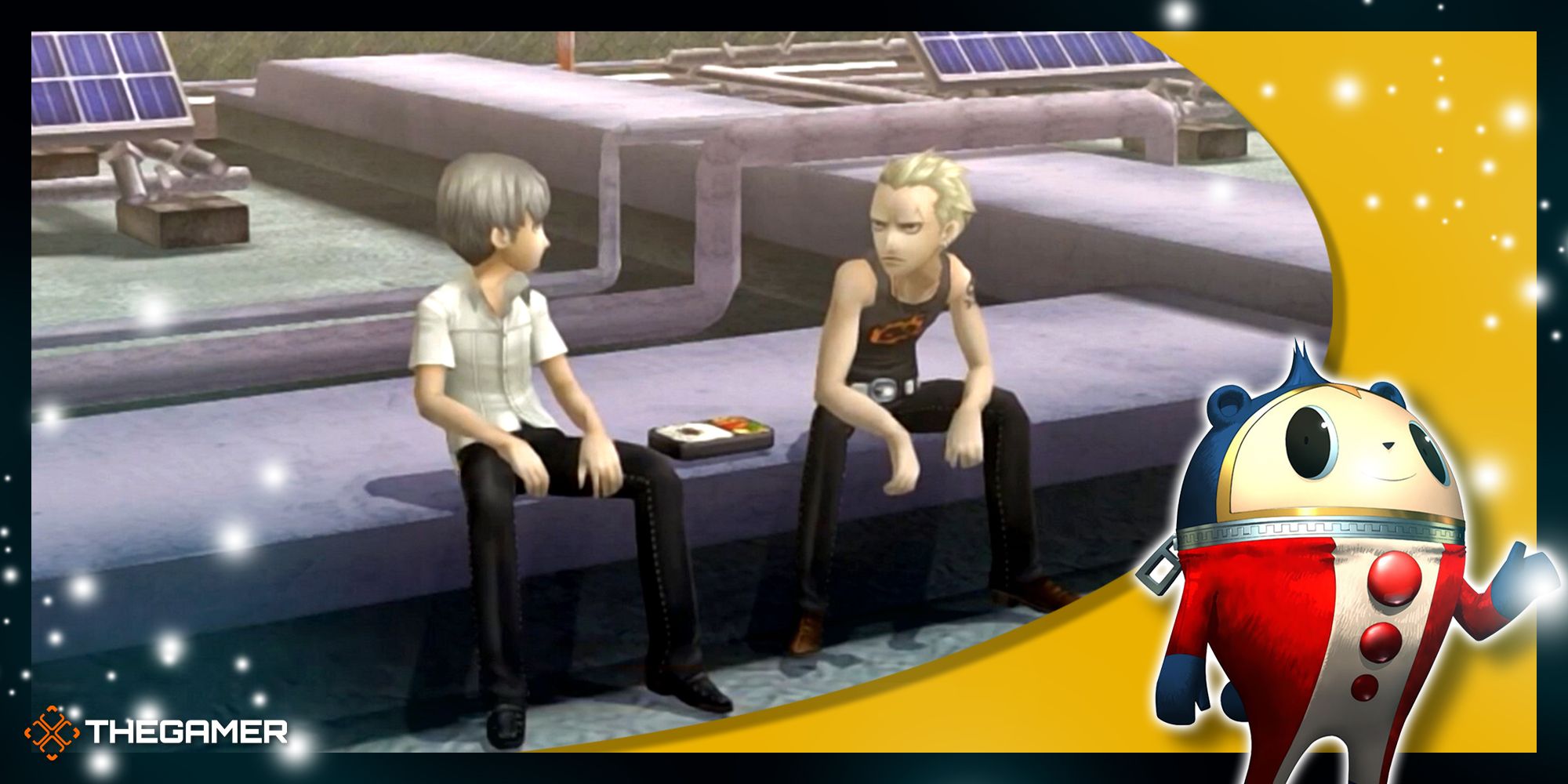 Persona 4 Golden - Yu and Kanji sharing a boxed lunch with a Teddie overlay in the corner.
