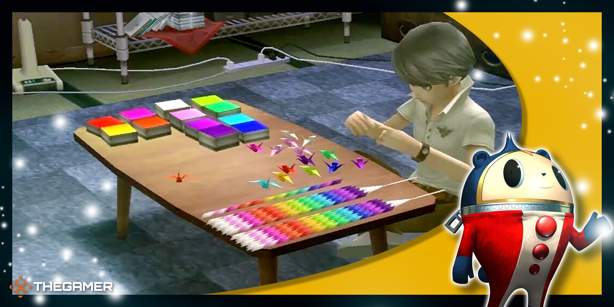 Yu folding origami cranes in his room in a gold Persona 4 Golden frame
