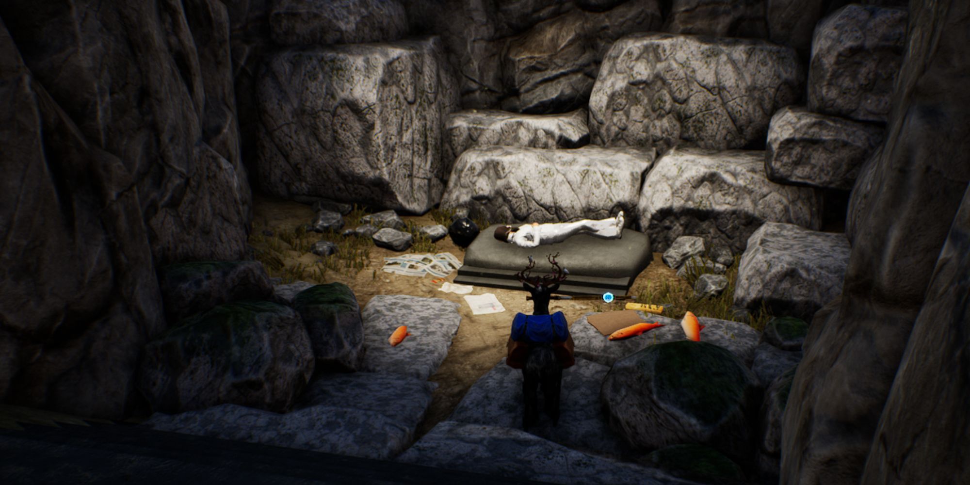 Pilgor faces the Capra Erectus lying down on a mattress, as rocks, fish, and bread surround them