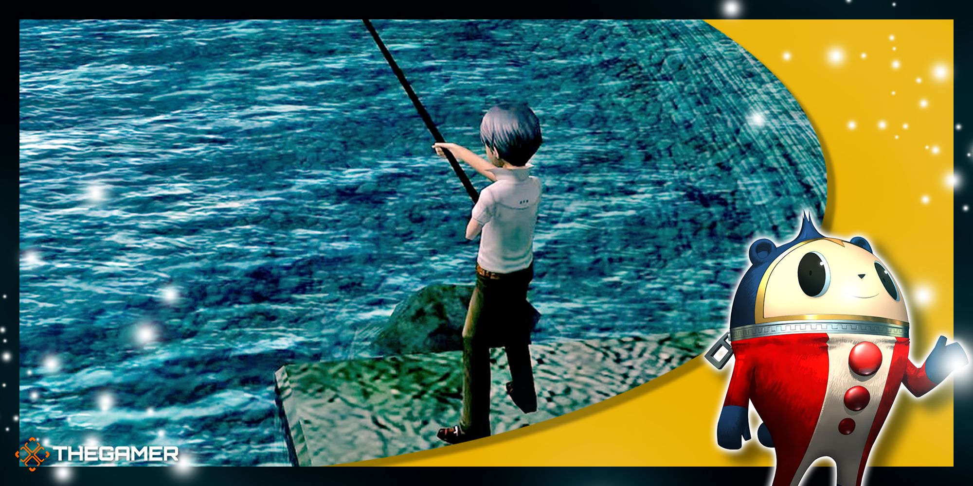 Persona 4 Golden - Yu fishing with a Teddie overlay in the corner.