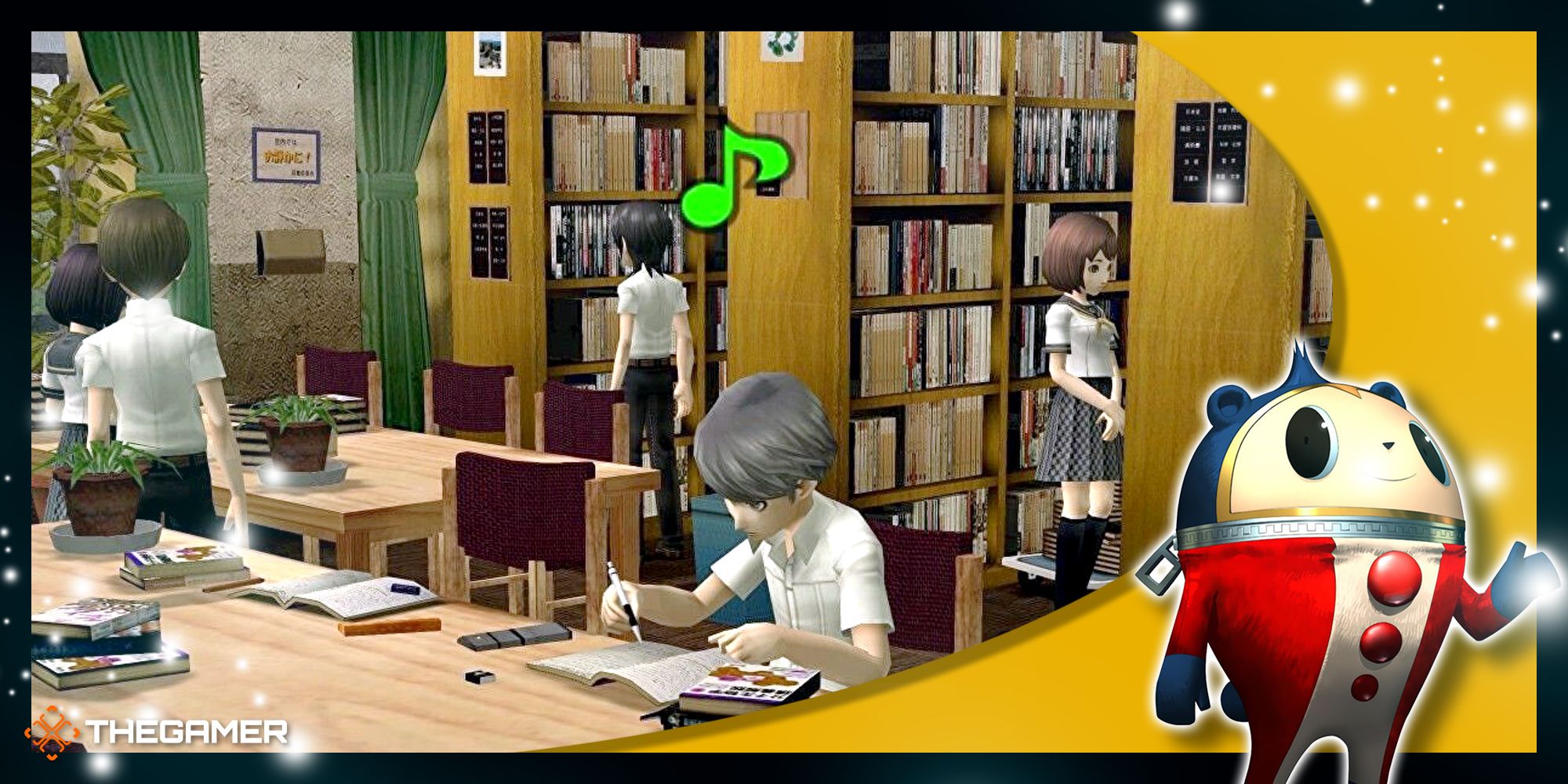 Persona 4 Golden - Yu studying in the library with a Teddie overlay in the corner.