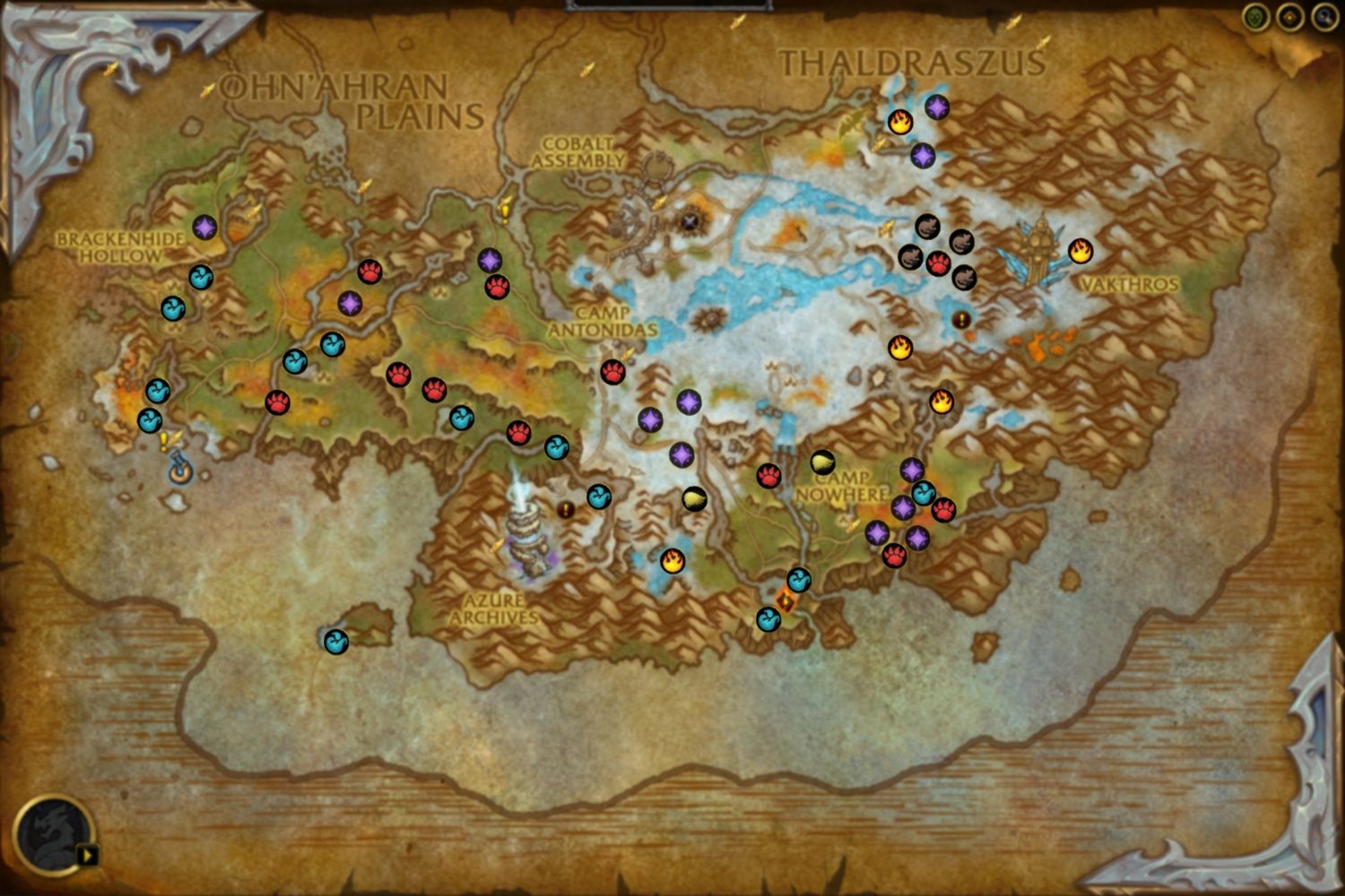 In-game map depicting the Azure Span with battle pet location icons.