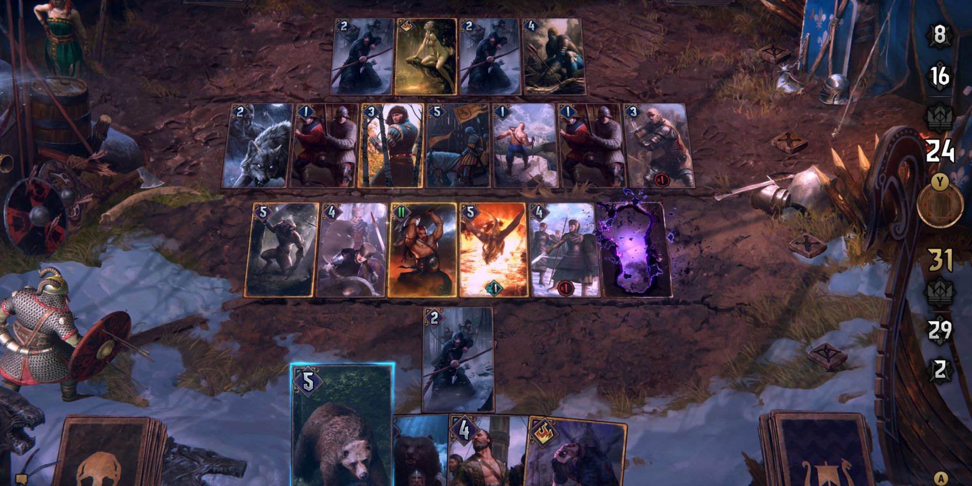 Hovering over an Elder Bear card with a base power of 5, with the playing field already populated by 12 enemy cards and 7 player cards